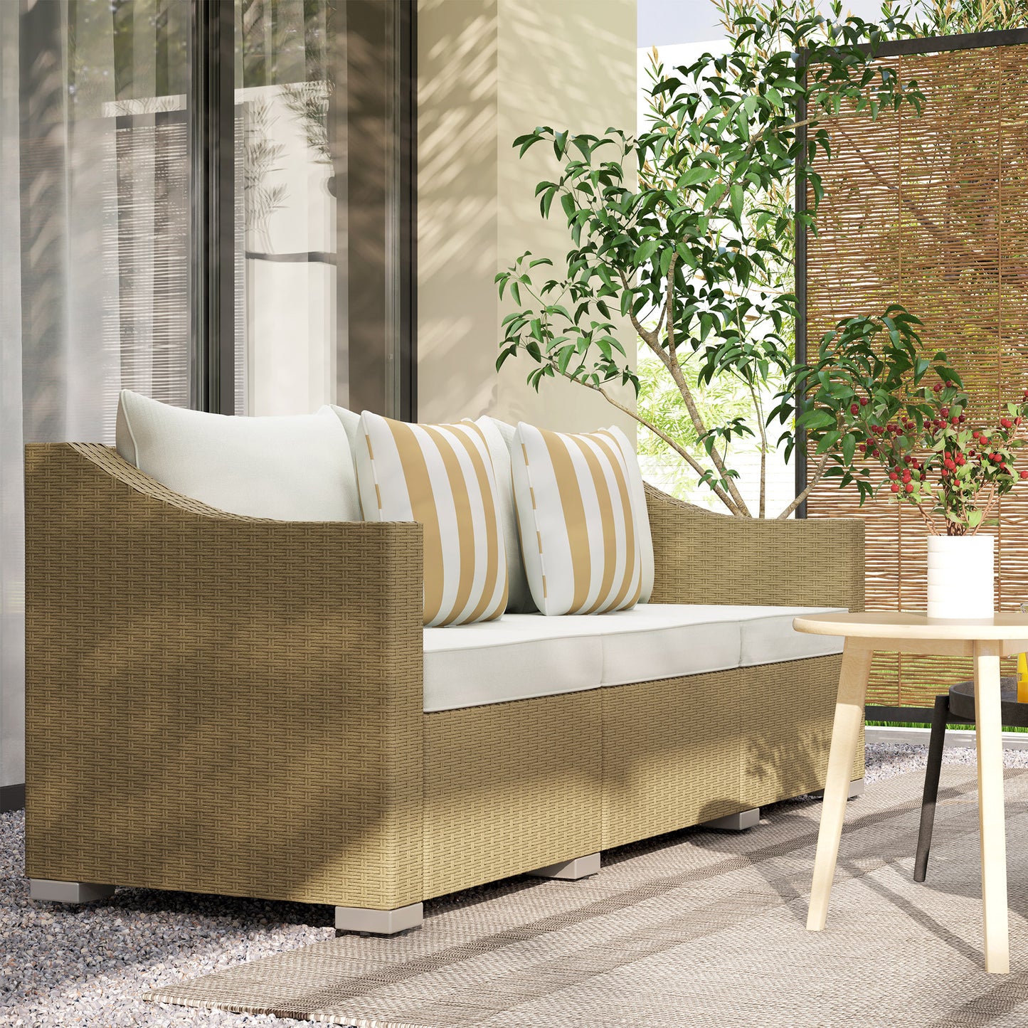 Rattan Wicker 3 Seater Patio Couch With Cushions, 2 Throw Pillows, Outdoor Furniture Rattan Sofa, Cream White