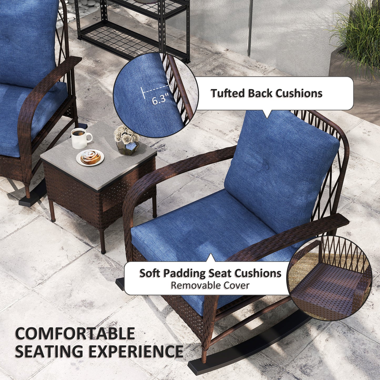 Three Piece Wicker Patio Set With Rocking Chairs And Coffee Table -  Tufted Cushions