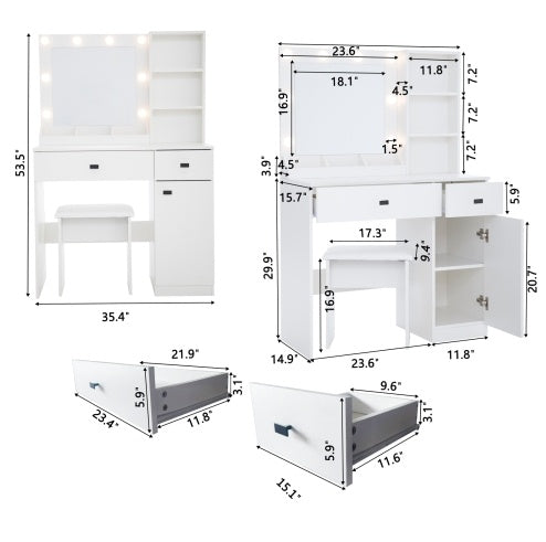 Vanity Desk With Lights - Mirror Set, Three-Level Storage Dresser, Adjustable Brightness, White