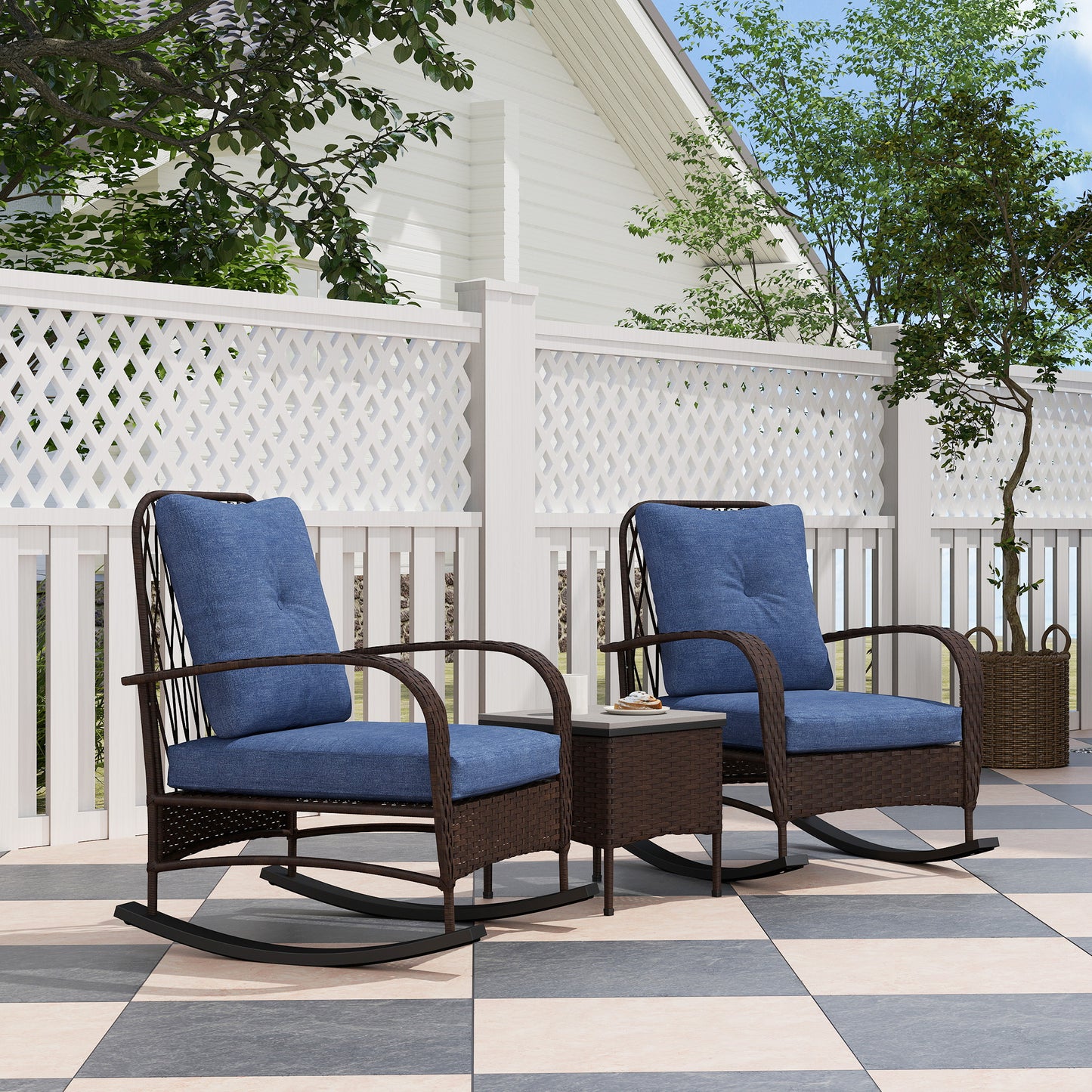 Three Piece Wicker Patio Set With Rocking Chairs And Coffee Table -  Tufted Cushions