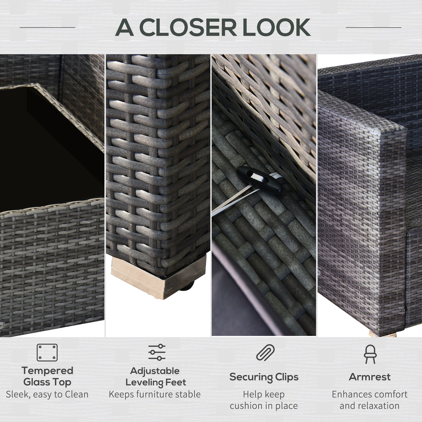 7 Piece Wicker Patio Set -  Sectional With Cushions And Tempered Glass Table Gray