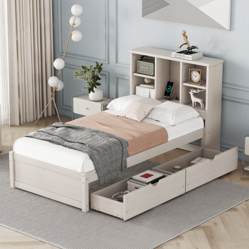 Enchanted Luxe Twin Bed With USB Bookcase Headboard And Drawers White Washed