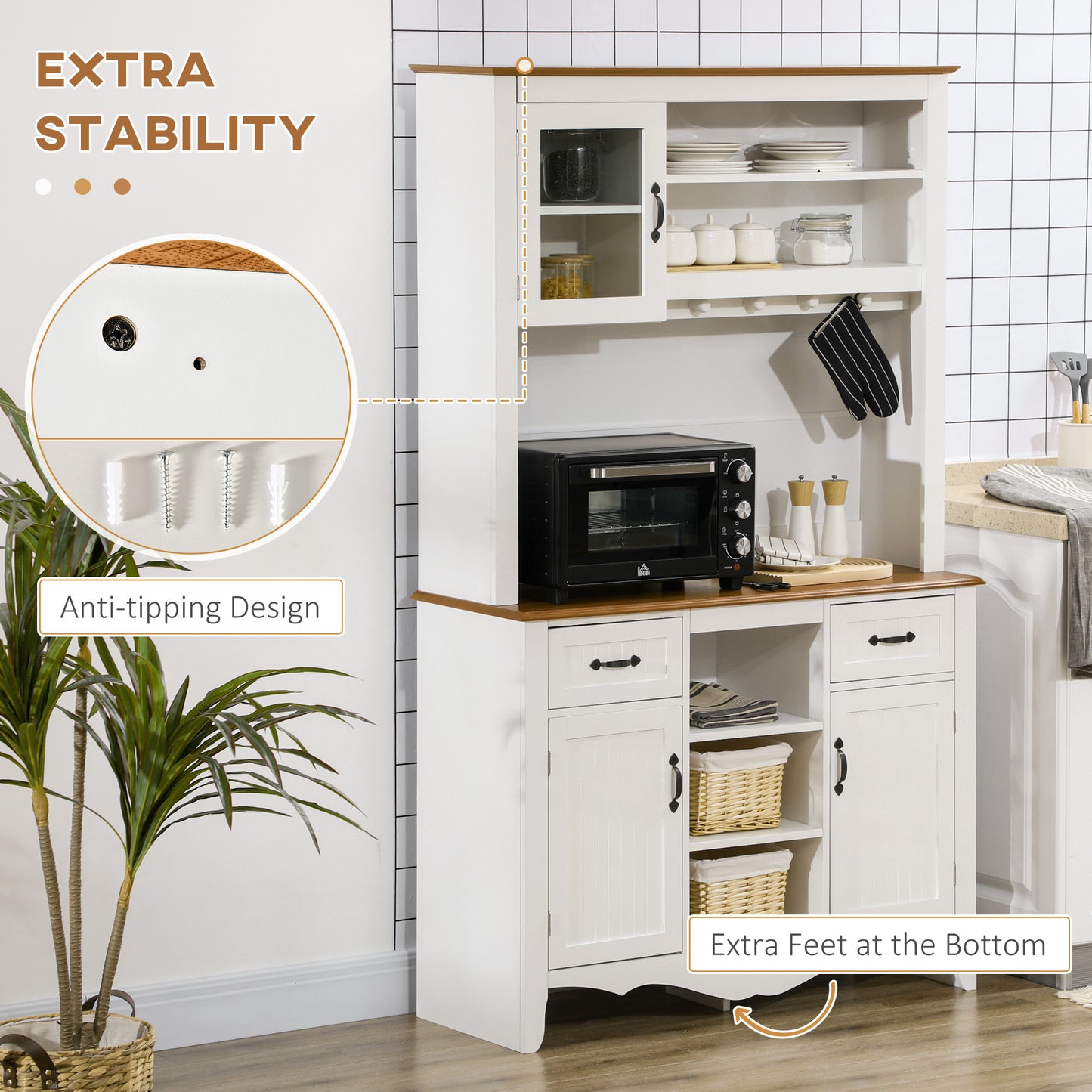 Farmhouse 71" Kitchen Buffet with Hutch, Storage Cabinet with Drawers and Shelves, White