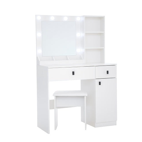Vanity Desk With Lights - Mirror Set, Three-Level Storage Dresser, Adjustable Brightness, White