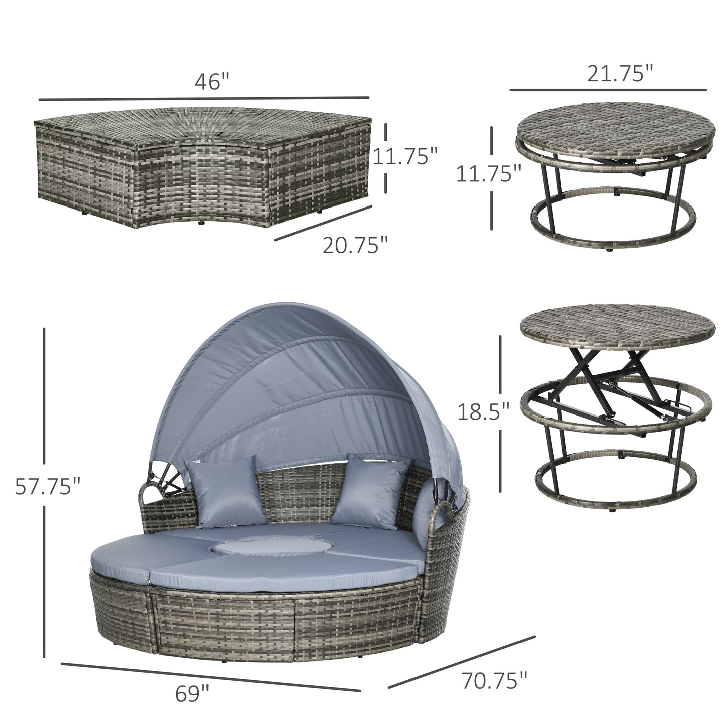 4 Piece Round Rattan Daybed, Convertible Patio Furniture Set, Adjustable Sun Canopy, Sectional Outdoor Sofa, 2 Chairs, Extending Tea Table Ottoman Chair, 3 Pillows, Light Gray