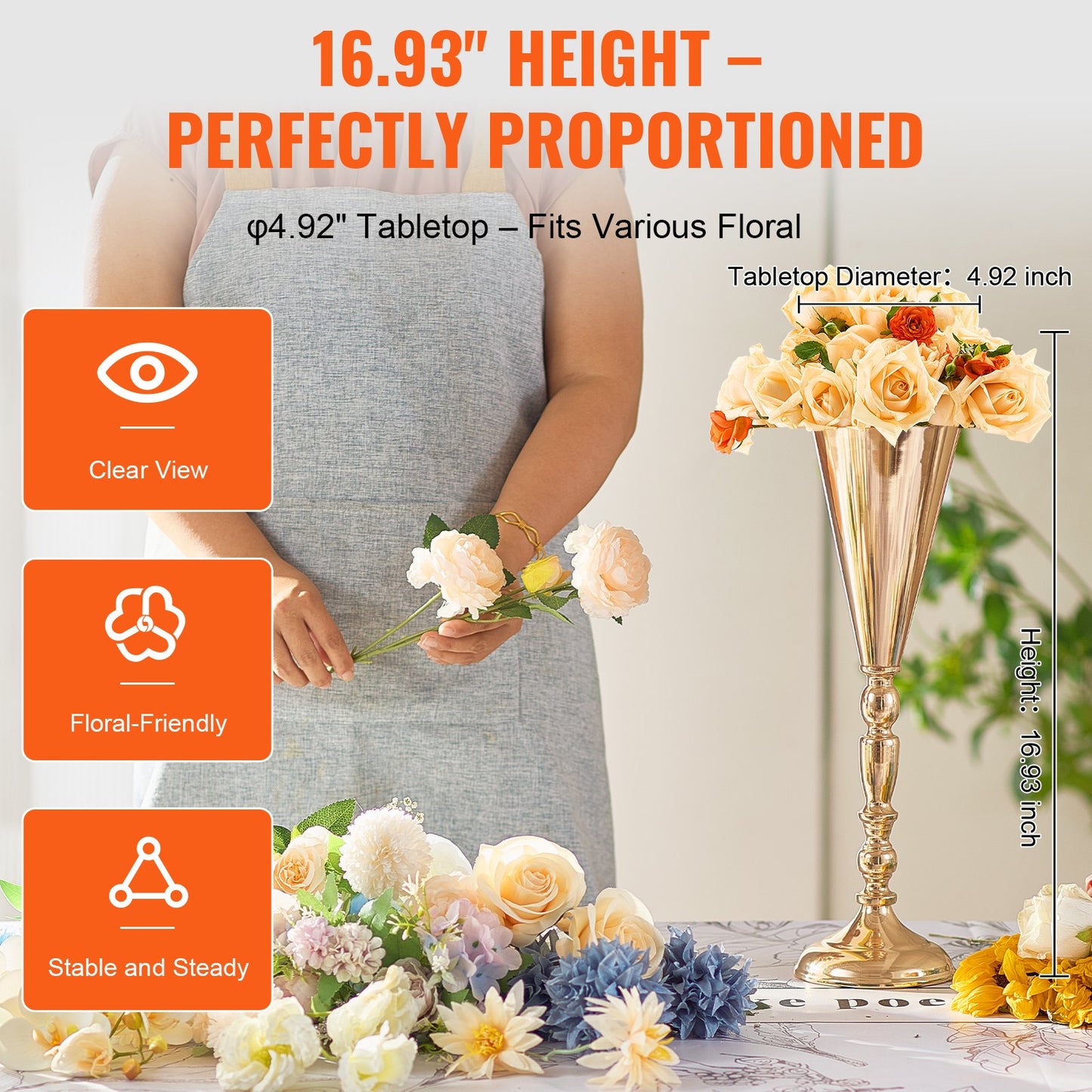 10PCS 43cm/16.9” Tall Wedding Flower Vase Metal Gold Trumpet For Tables