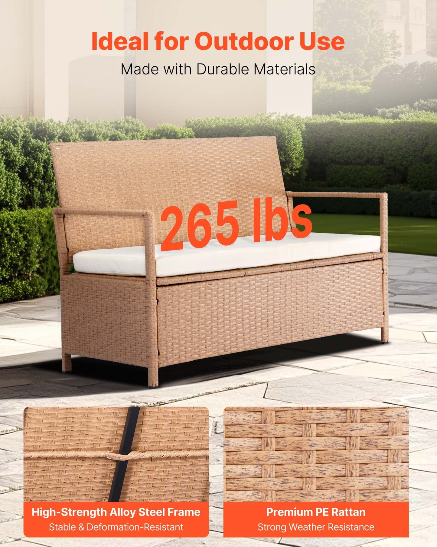 Outdoor PE Rattan Storage Bench With Pneumatic Lift Seats Two