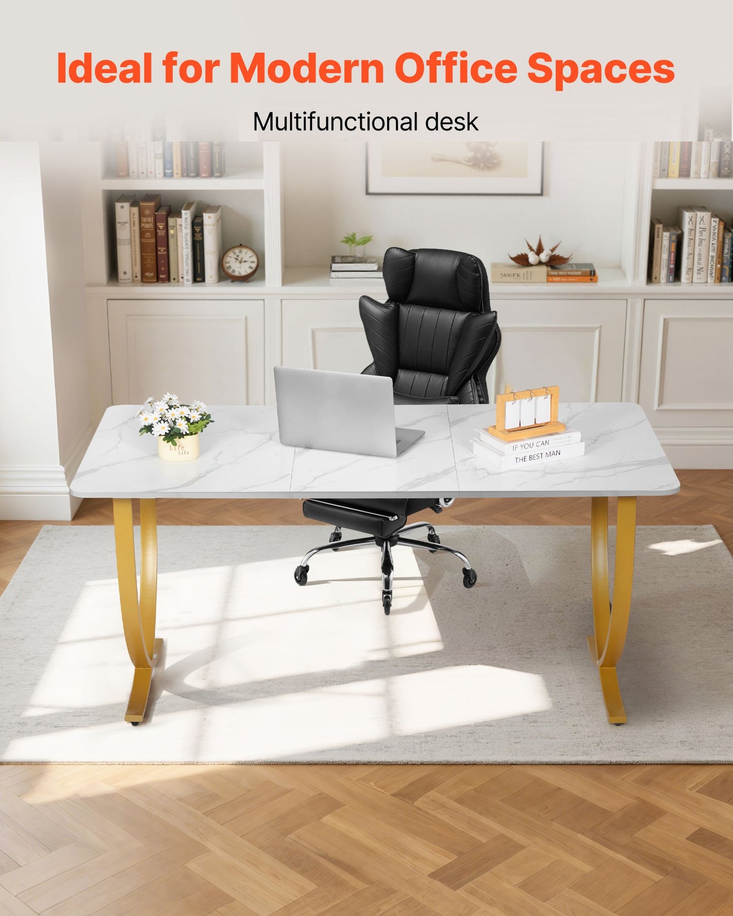 Executive Desk, 63" W X 31.5" D Large Office Desk, Modern Computer Table Conference Meeting Room Table, Business Furniture Enlarged Desktop For Home Office, White And Gold