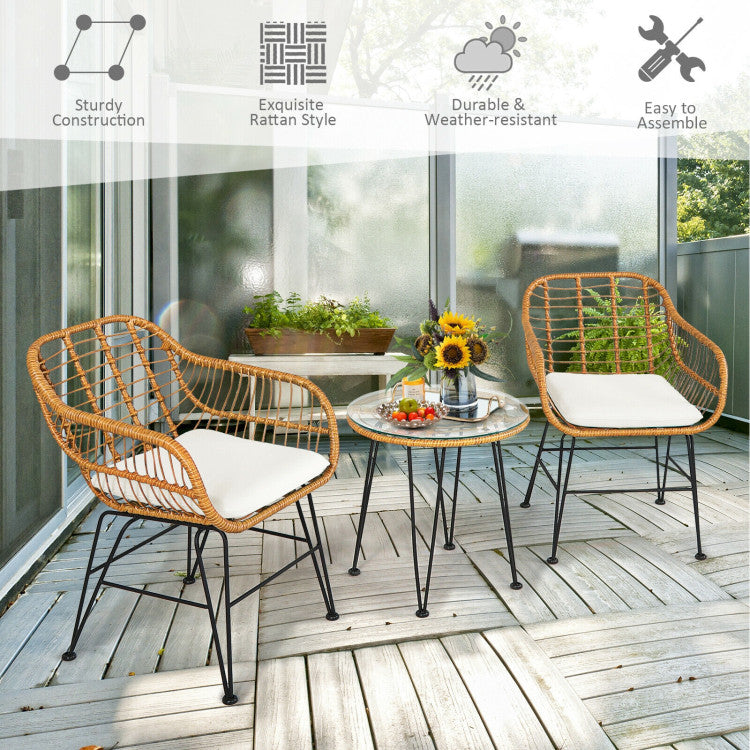 3 Pieces Rattan Furniture Set With Cushioned Chair Table -