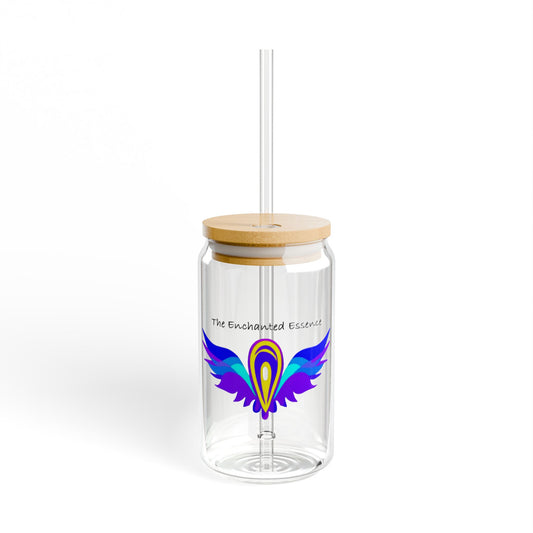 16oz Glass Sipper Tumbler with Bamboo Lid — Enchanted Essence Peacock Wing Design