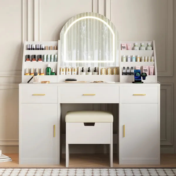 Makeup Vanity With Mirror And Light - Cushioned Stool