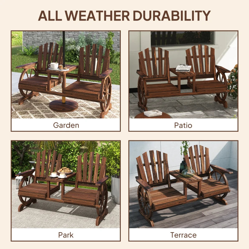 2-Seat Wooden Garden Bench With Table, Umbrella Hole, High Backrest, Armrests For Backyard, Patio, Garden, Carbonized