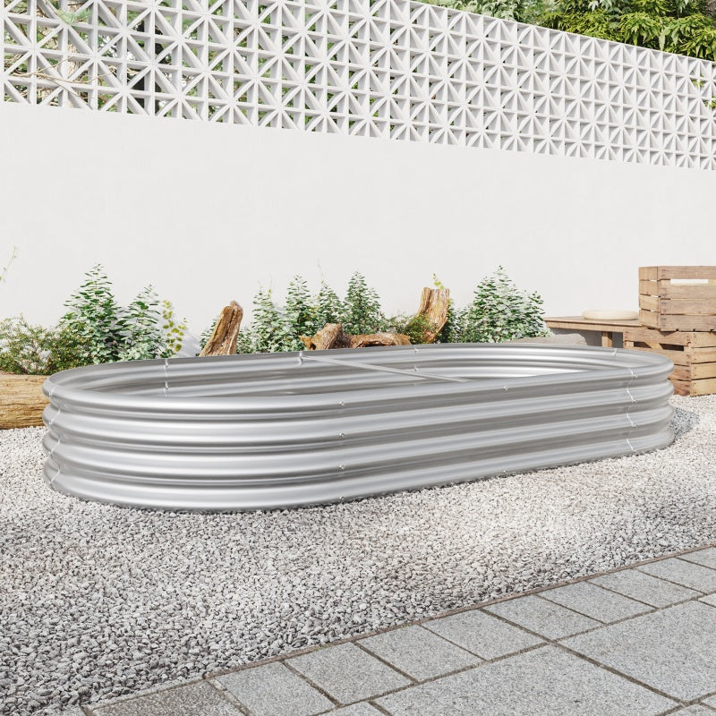 Elegant Oval Metal Raised Garden Bed In Silver For Plants And Flowers