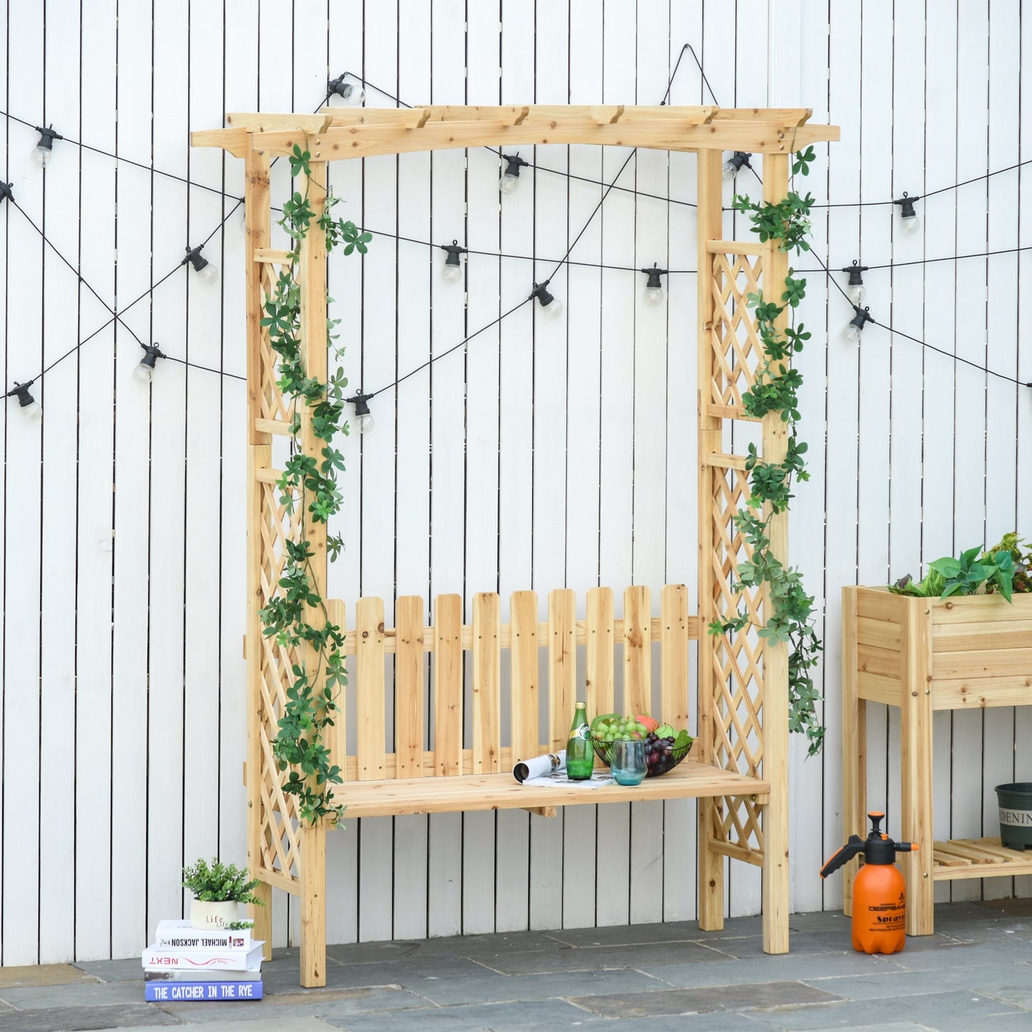 Garden Bench Arch Pergola Natural Fir Wood Protective Varnish 2 Person Ergonomic Design