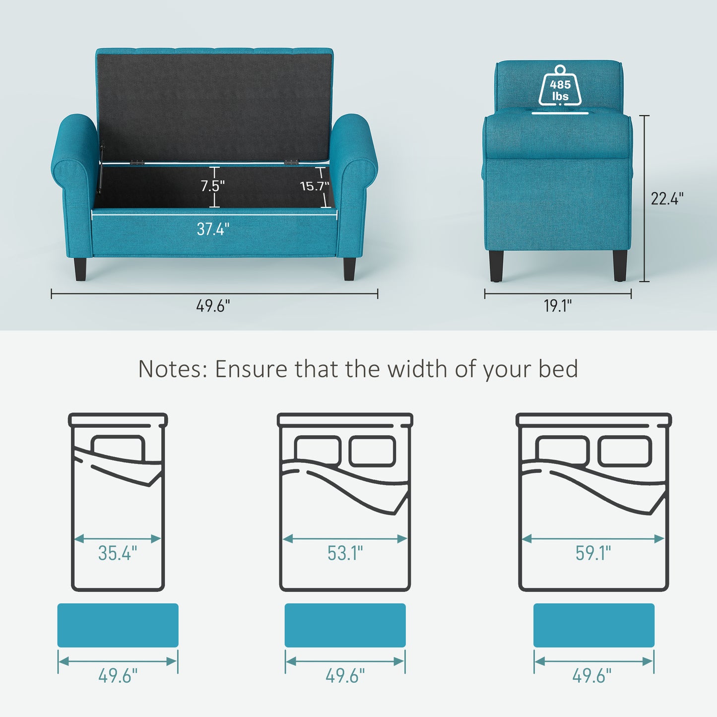 50 Inches Storage Ottoman, End of Bed Bench with Rolled Arms, Wood Legs, Button Tufted Storage Bench, Teal