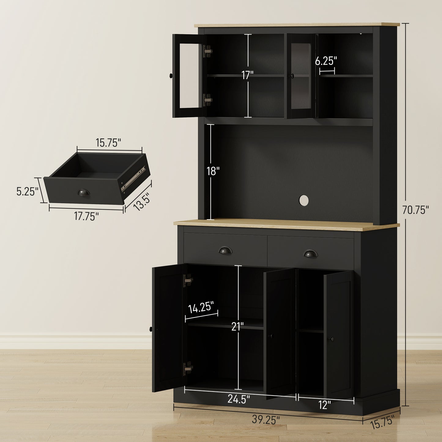 Freestanding Kitchen Cabinet, 71" Tall Pantry Cabinet, Modern Hutch with Wide Countertop, Adjustable Shelves, Black