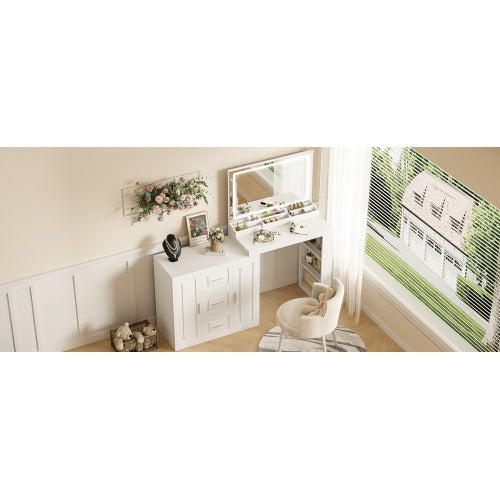 Vanity Desk With Mirror And Lights - Glam Dressing Table With Ample Storage White