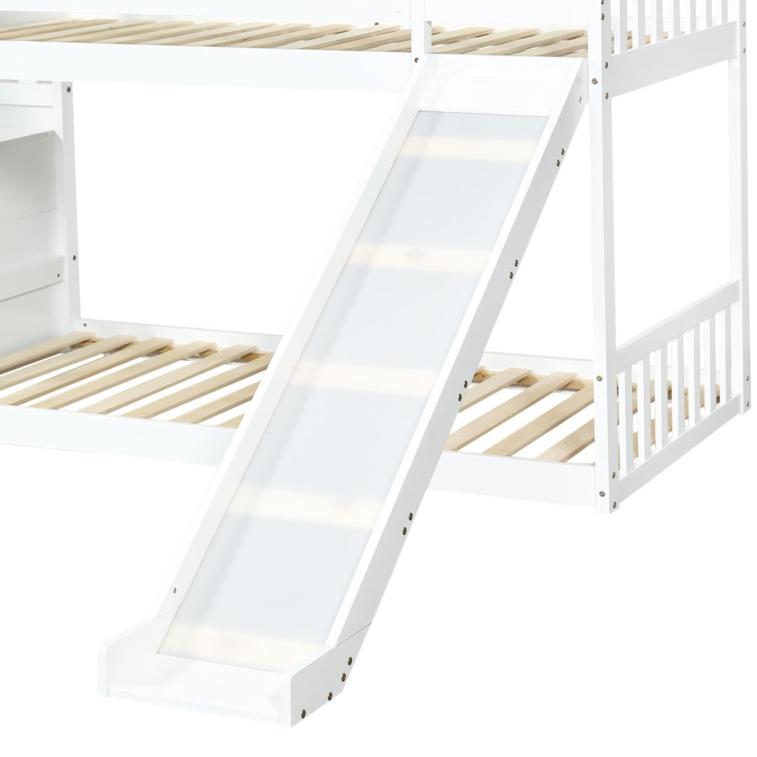 Bunk Bed With Stairs And Slide, Solid Pine Wood Frame, Children Bed, Storage Stairs, 90x190cm, White