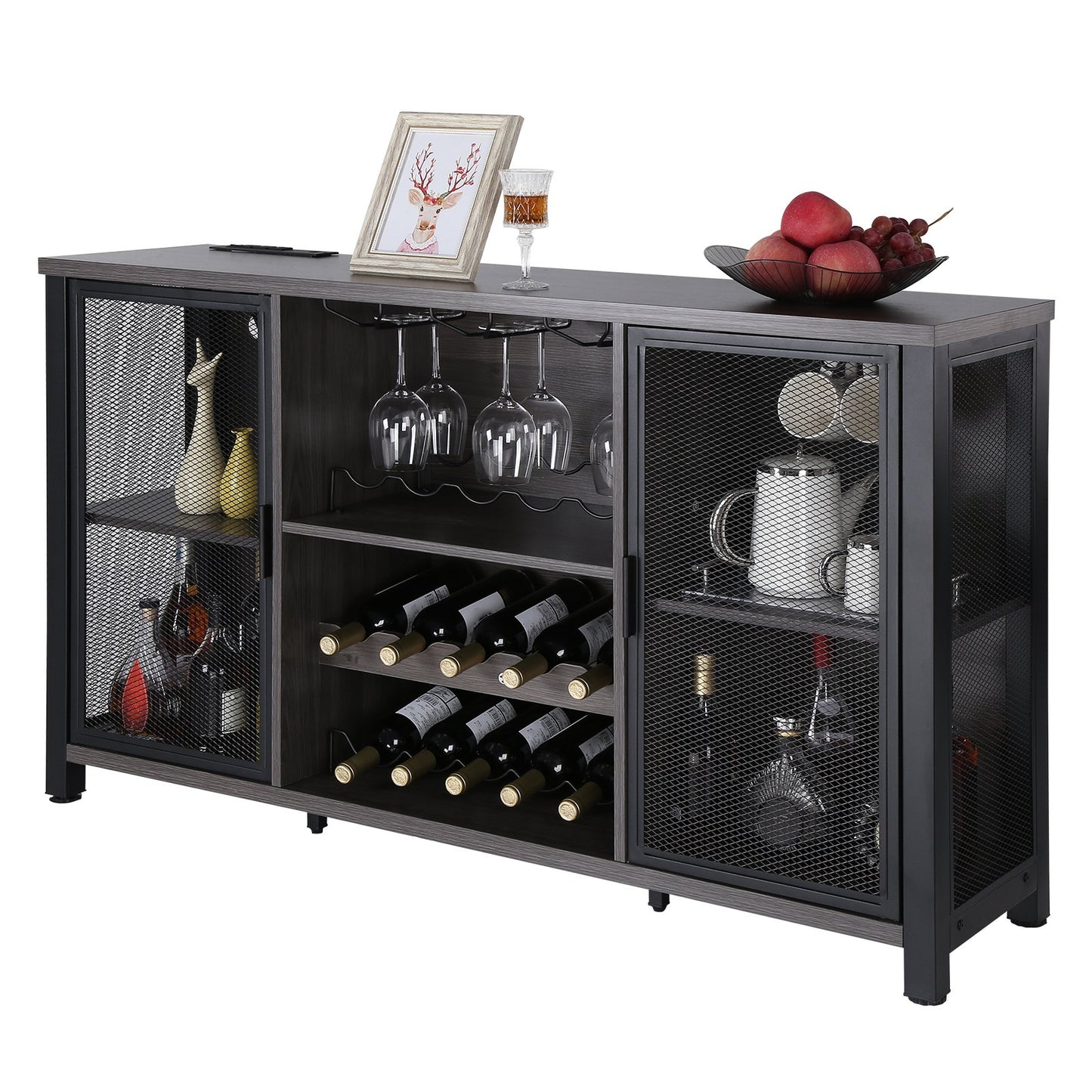 47 Inch Industrial Bar Cabinet, Wine Table For Liquor & Glasses, Sideboard Buffet Cabinet With Wine Rack, Freestanding Farmhouse Wood Coffee Bar Cabinet For Living Room, Home Bar, Kitchen