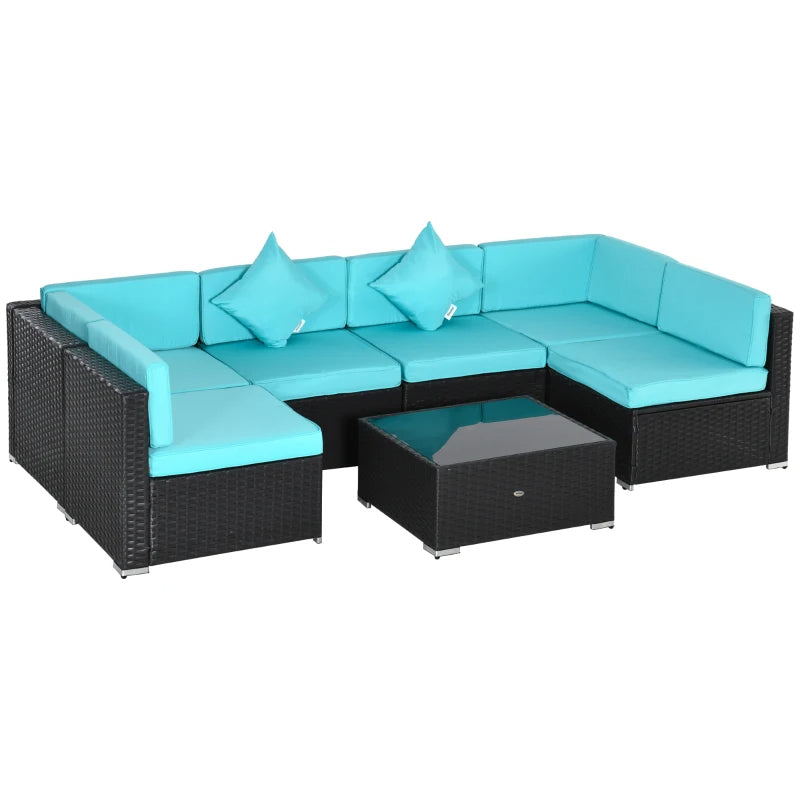 7-Piece Patio Furniture Set, Outdoor Wicker Conversation Set, All Weather PE Rattan Sectional Sofa Set With Cushions And Tempered Glass Top Coffee Table, Pillows, Turquoise