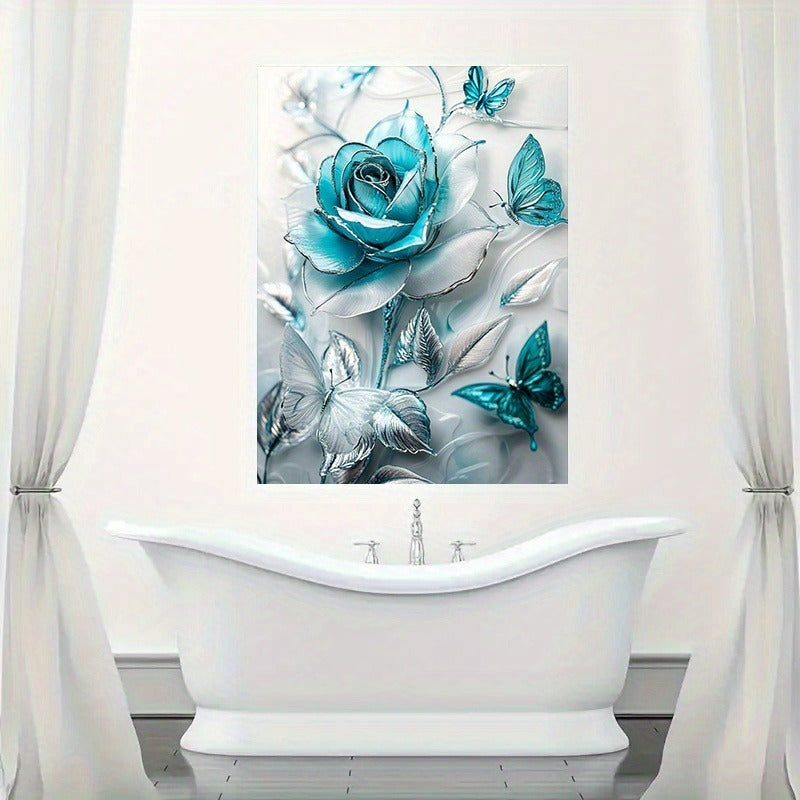 Turquoise Blue Crystal Rose And Teal Butterflies Canvas Wall Decor