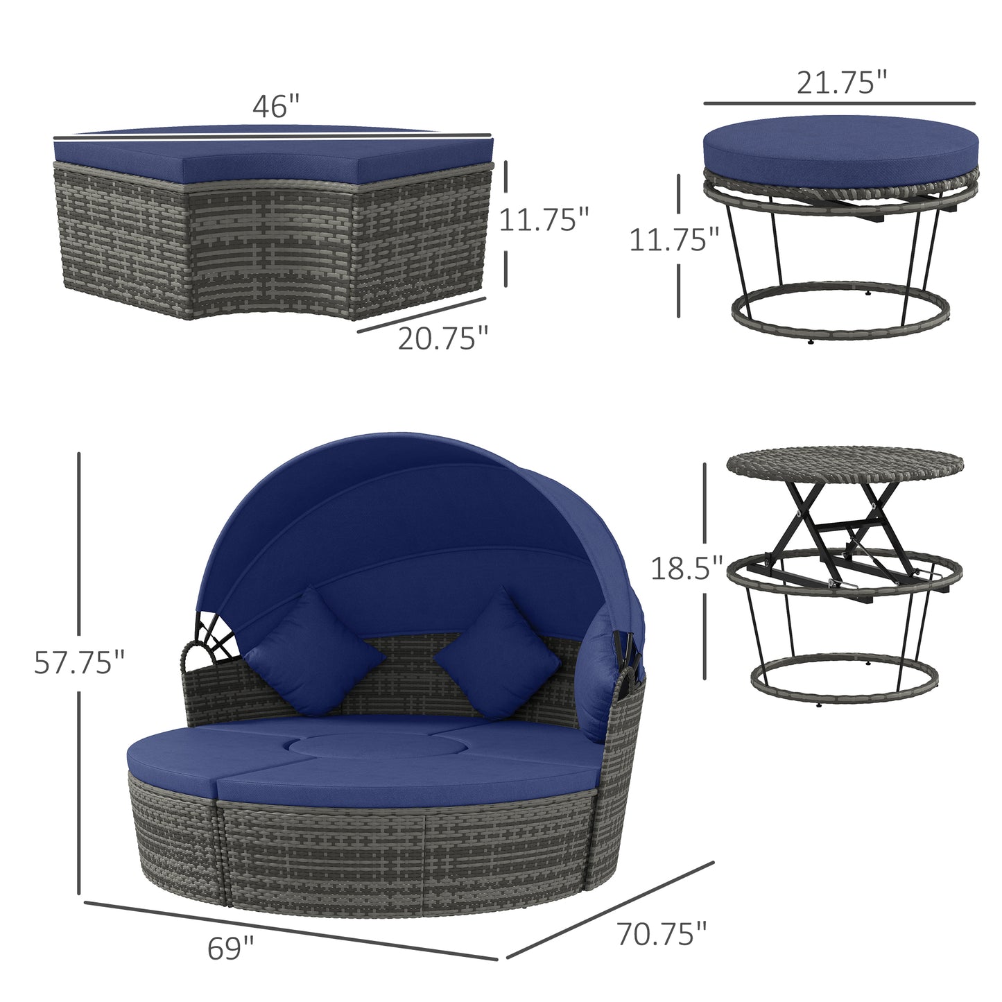4 Piece Round Rattan Daybed Furniture Set, Canopy, Outdoor Sofa, 2 Chairs, Extending Table Ottoman Chair, Pillows, Blue