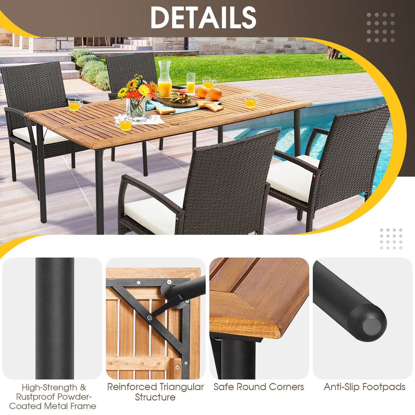 5 Pieces Patio Wicker Cushioned Dining Set with Umbrella Hole