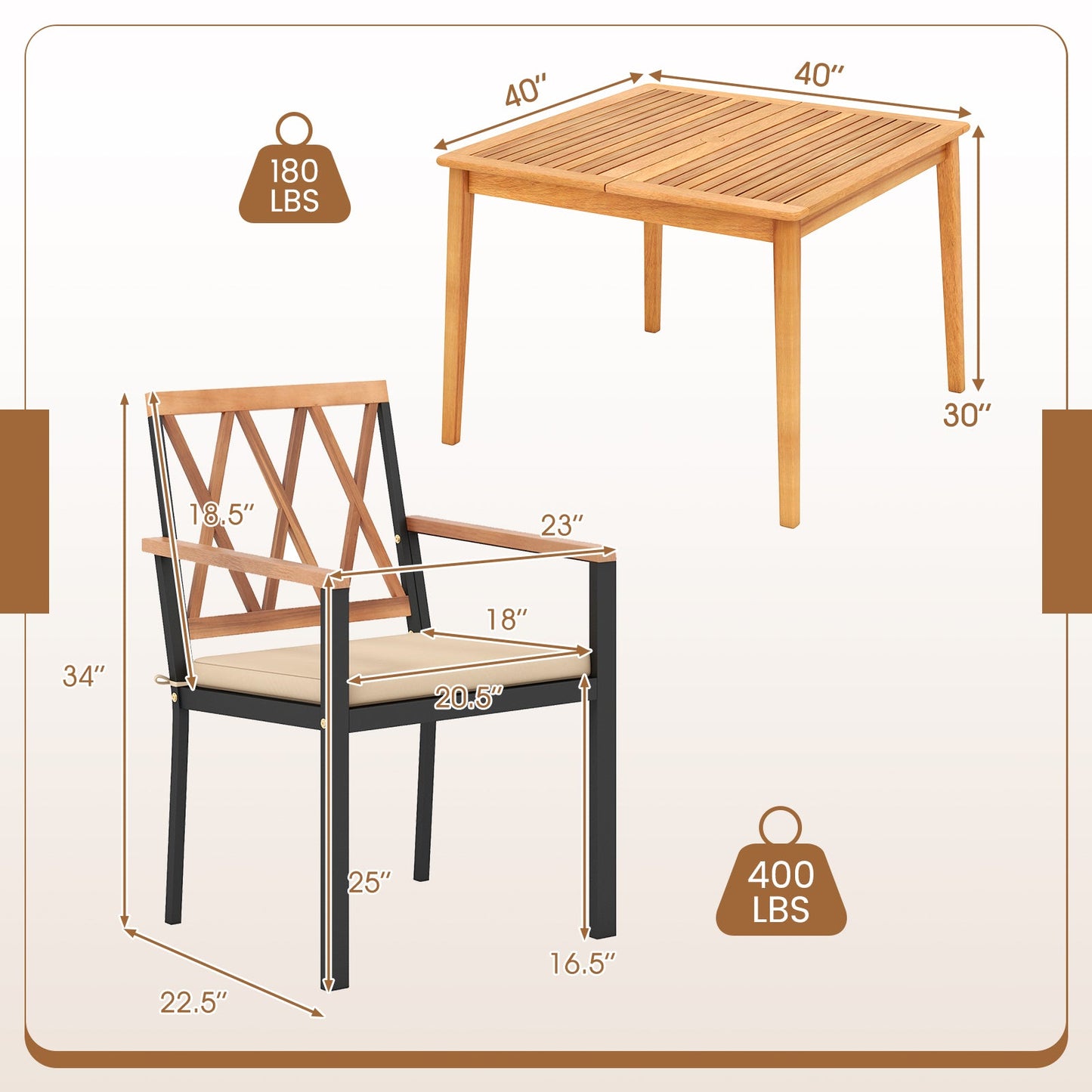 5 Piece Patio Acacia Wood Dining Set Solid Wooden Dining Furniture with Umbrella Hole