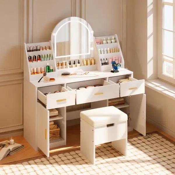 Makeup Vanity With Mirror And Light - Cushioned Stool