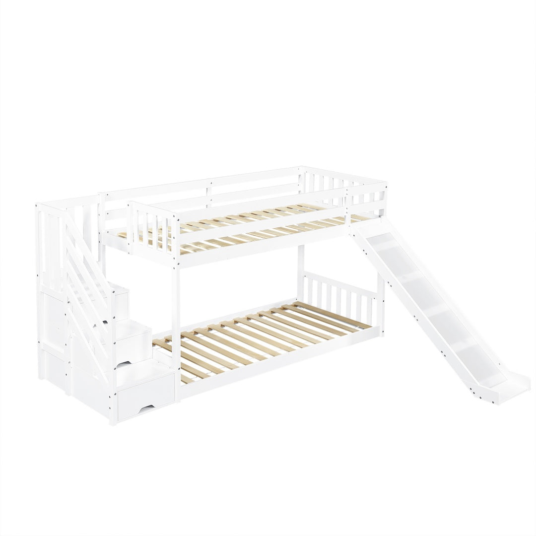 Bunk Bed With Stairs And Slide, Solid Pine Wood Frame, Children Bed, Storage Stairs, 90x190cm, White