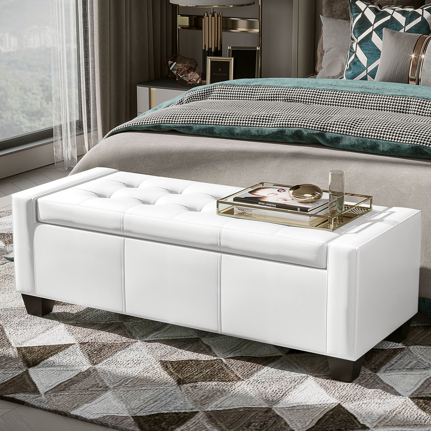 50.5" Faux Leather Rectangular Tufted Storage Ottoman for Living Room, Entryway, or Bedroom, White