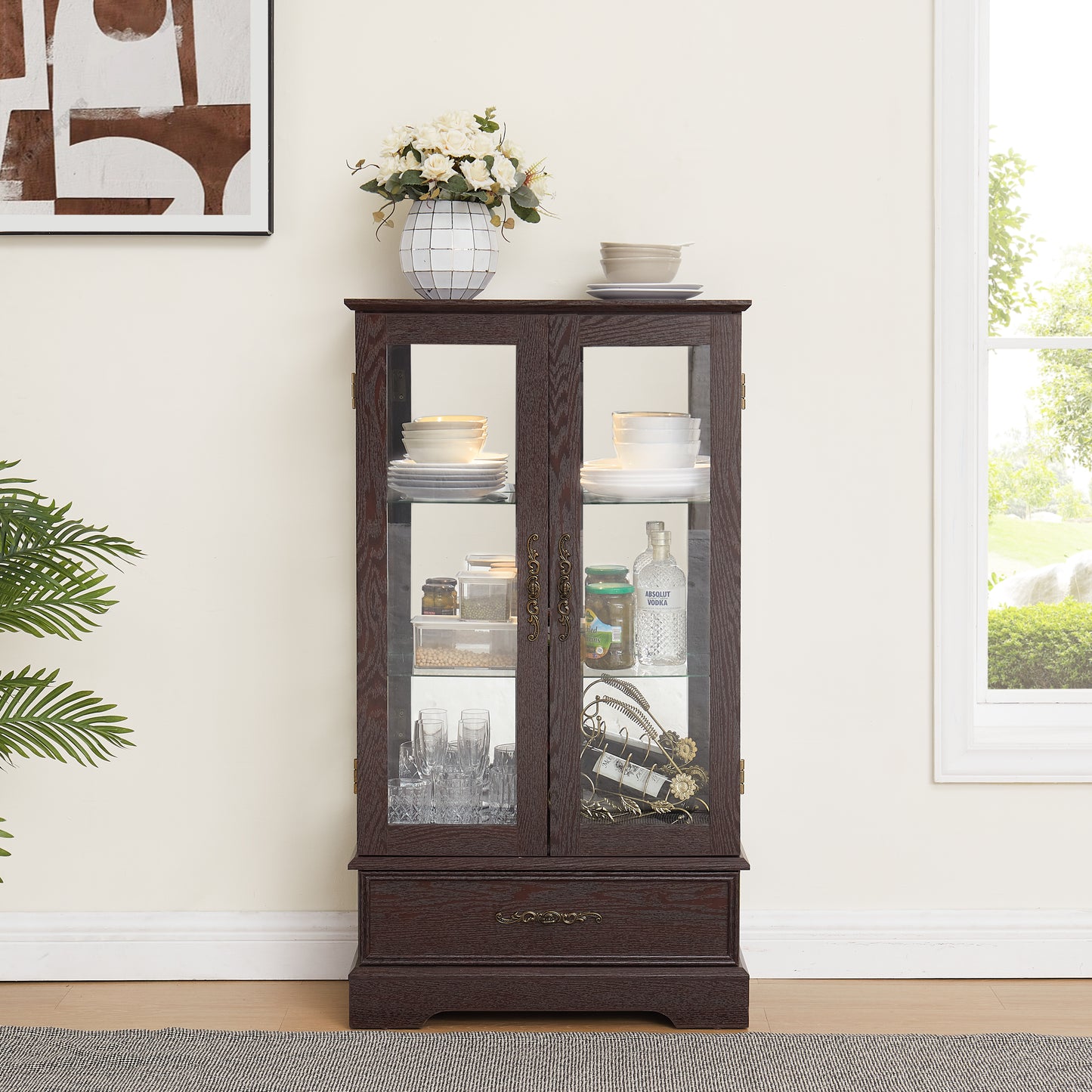 Glass Cabinet Lighted Glass Cabinet Curio Display Cabinet With Adjustable Glass Shelves 2 Doors And 1 Drawer Cabinet Bulb Included Cherry