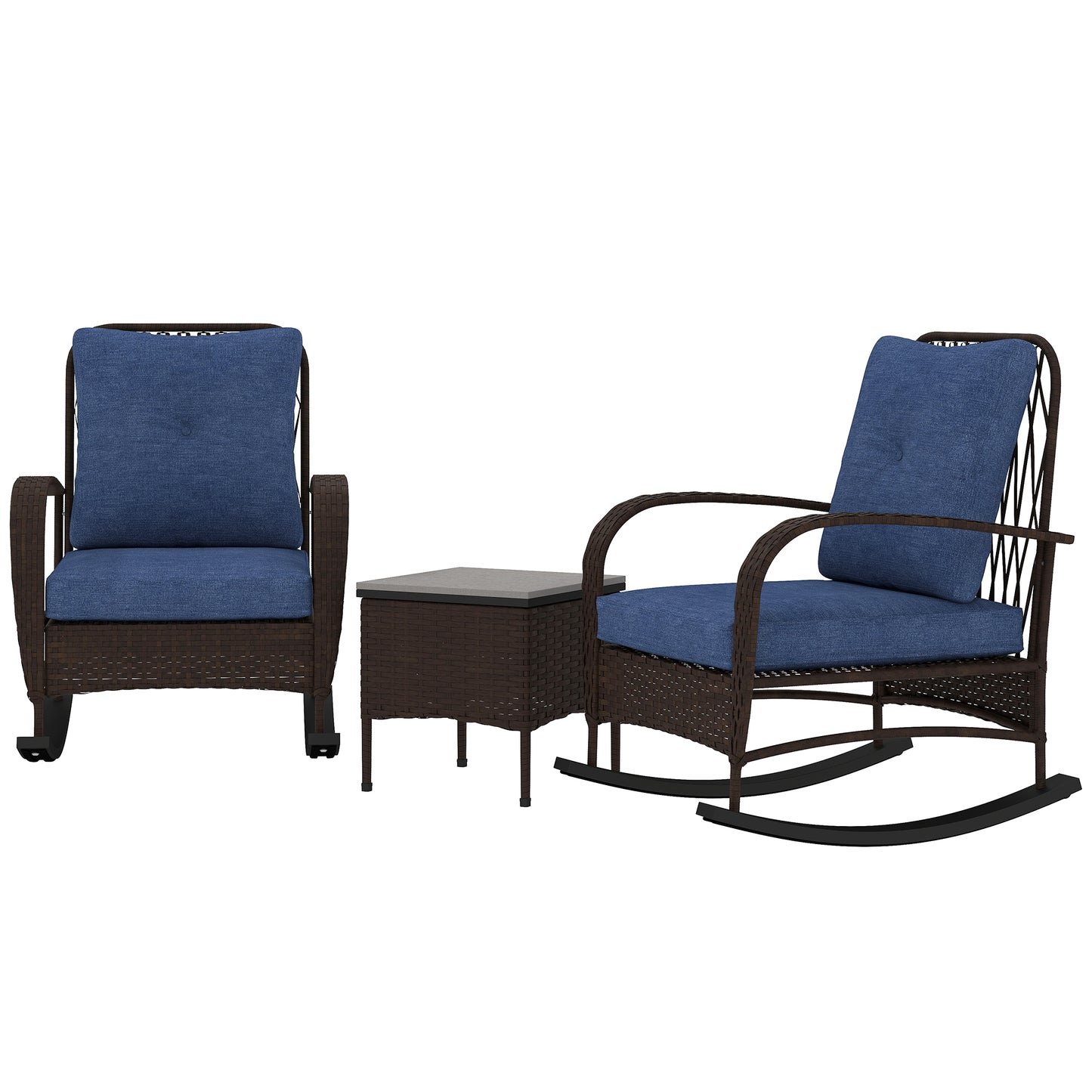 Three Piece Wicker Patio Set With Rocking Chairs And Coffee Table -  Tufted Cushions