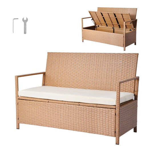 Outdoor PE Rattan Storage Bench With Pneumatic Lift Seats Two