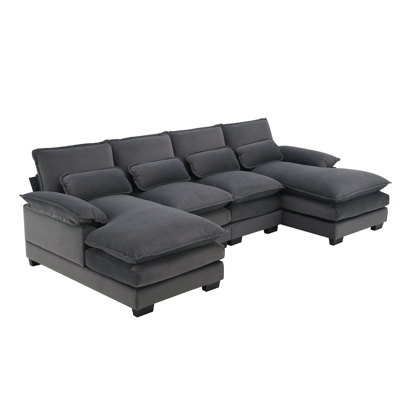Enchanted Gray Velvet Luxe U Shaped Sectional Sofa With Waist Pillows