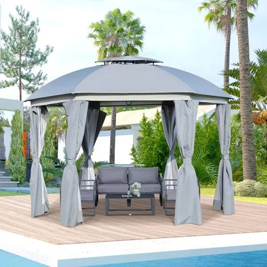 144x144 Inch Round Outdoor Gazebo, Patio Dome Gazebo Canopy Shelter With Double Roof, Netting Sidewalls And Curtains
