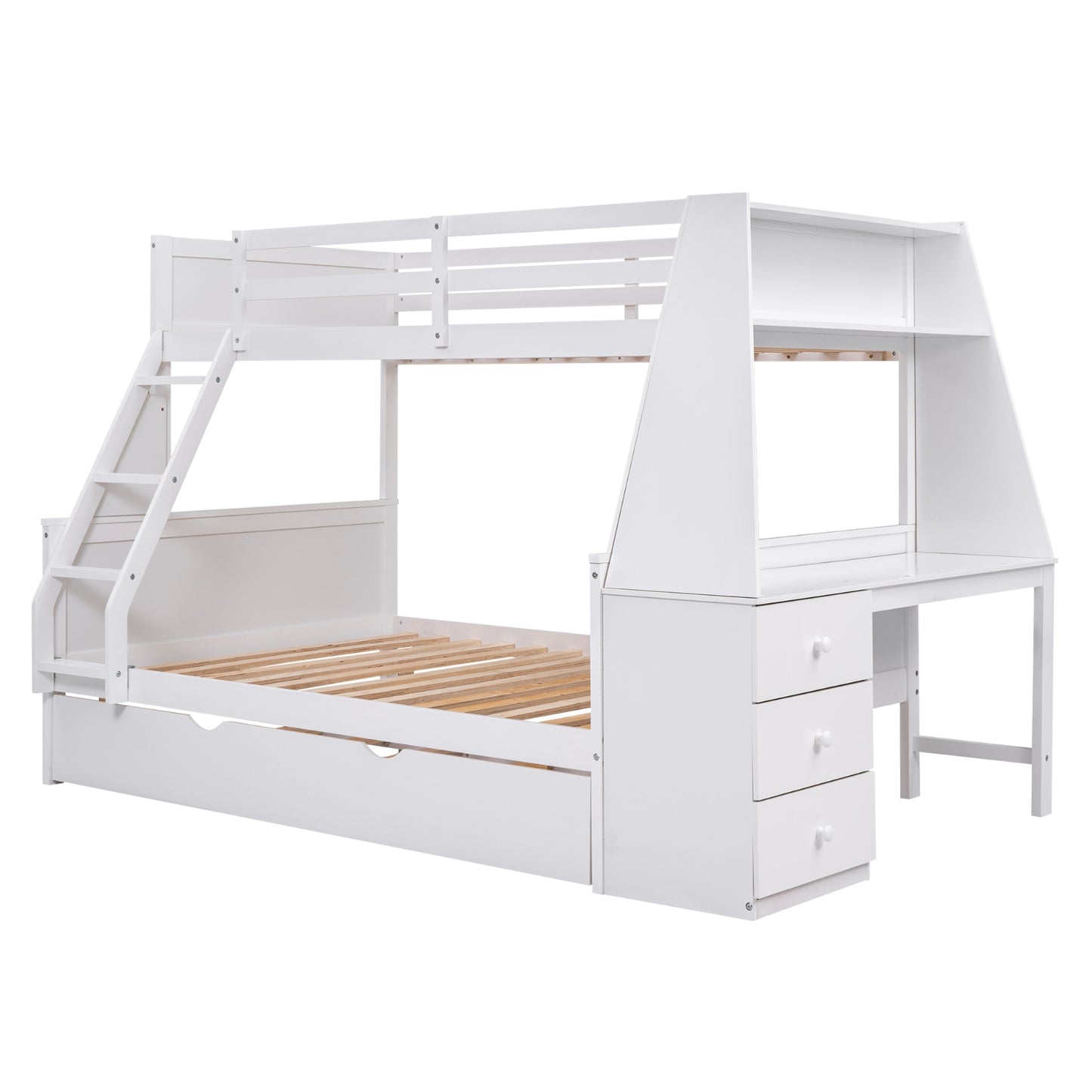 Twin Full Bunk Bed W  Trundle, Desk, 3 Drawers   Shelf - White