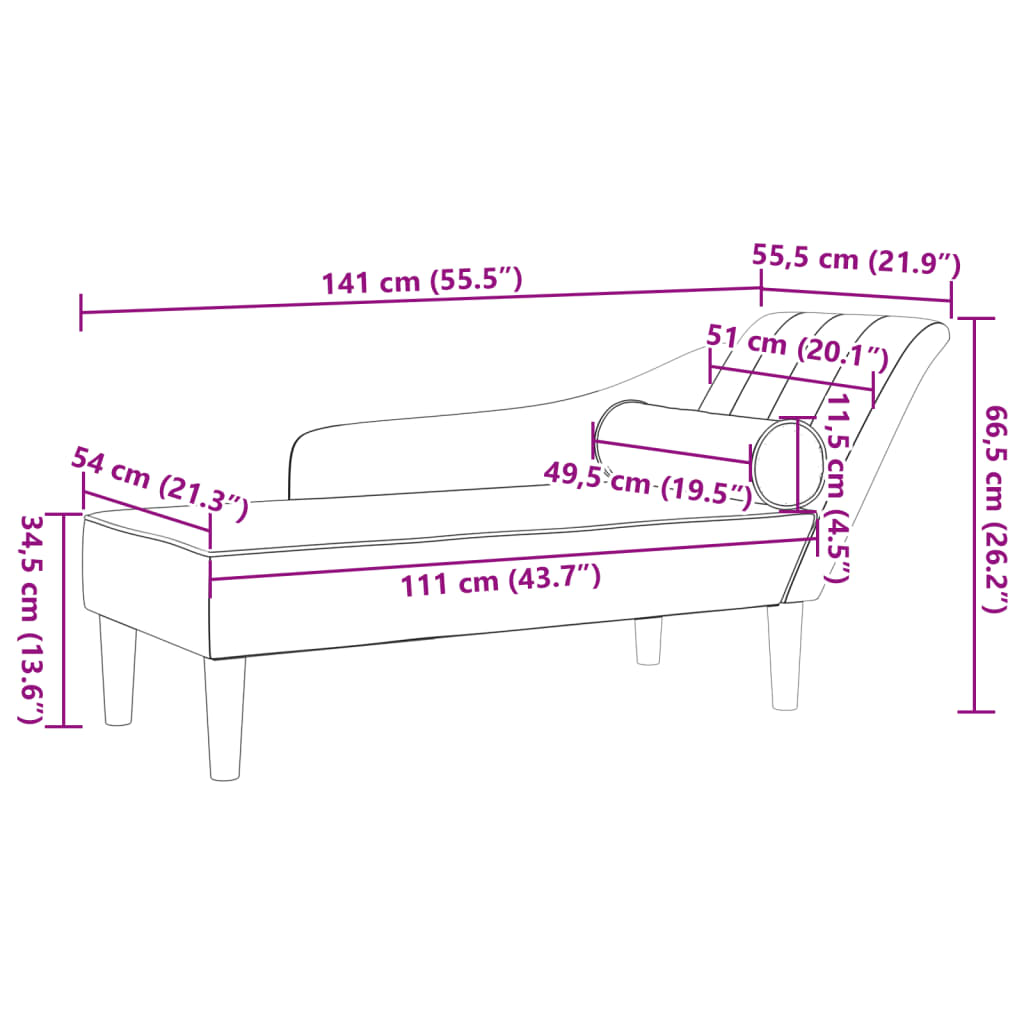 Chaise longue with cushions in velvet