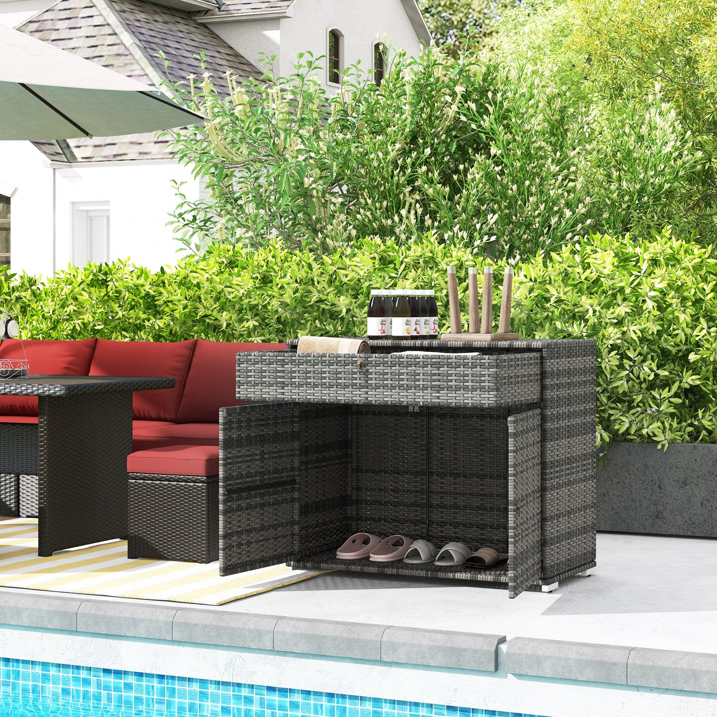 Outdoor Storage Cabinet, Waterproof PE Rattan Cabinet with Drawer for Indoor, Outdoor Swimming Pool, Gray