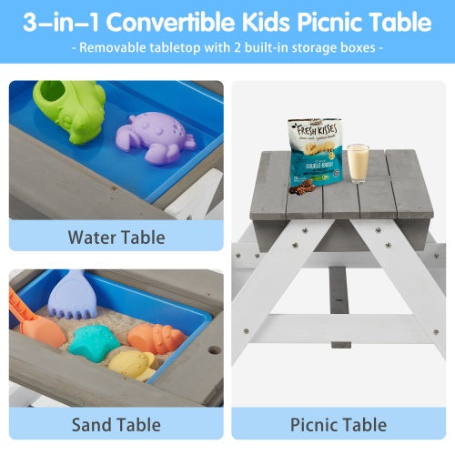 3-In-One Kids Outdoor Wooden Picnic Table With Umbrella Sand Water