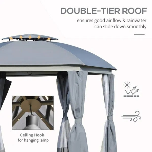 144x144 Inch Round Outdoor Gazebo, Patio Dome Gazebo Canopy Shelter With Double Roof, Netting Sidewalls And Curtains