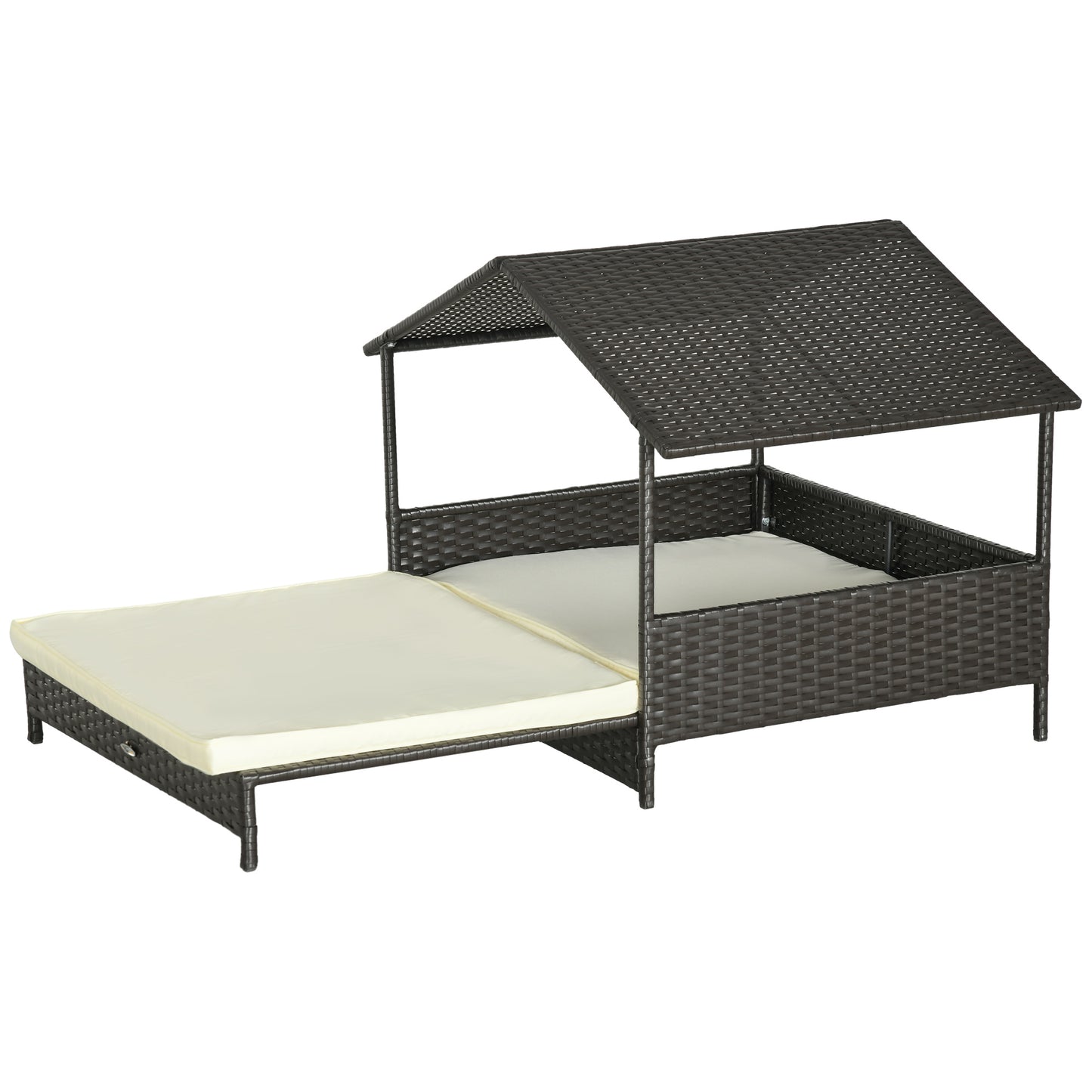 Outdoor Dog Bed Extendable Wicker Dog Bed w/ Waterproof Roof, Soft Cushion, for Small and Medium Dogs, Cream White
