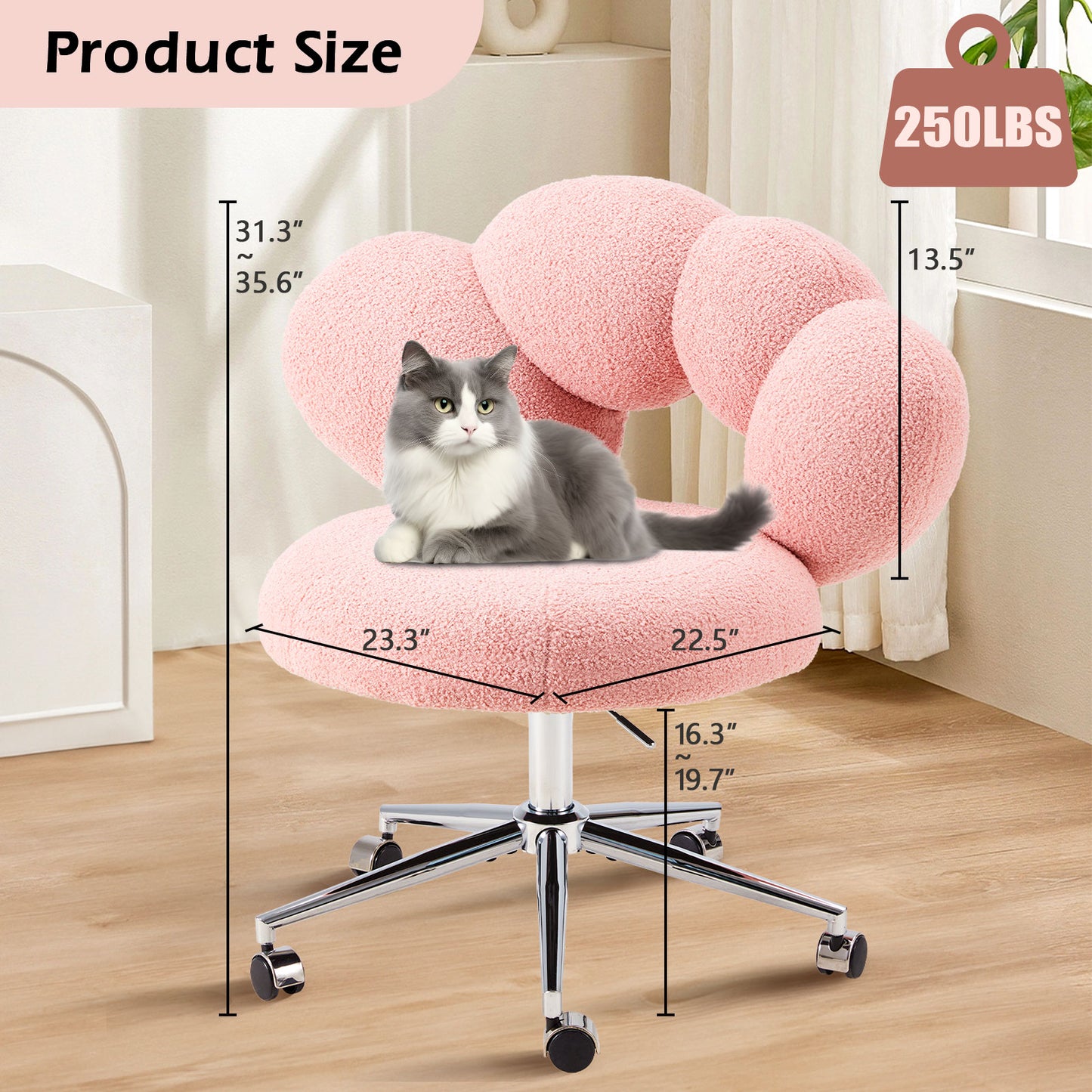 Armless Teddy Fabric Vanity Desk Chair With Wheels