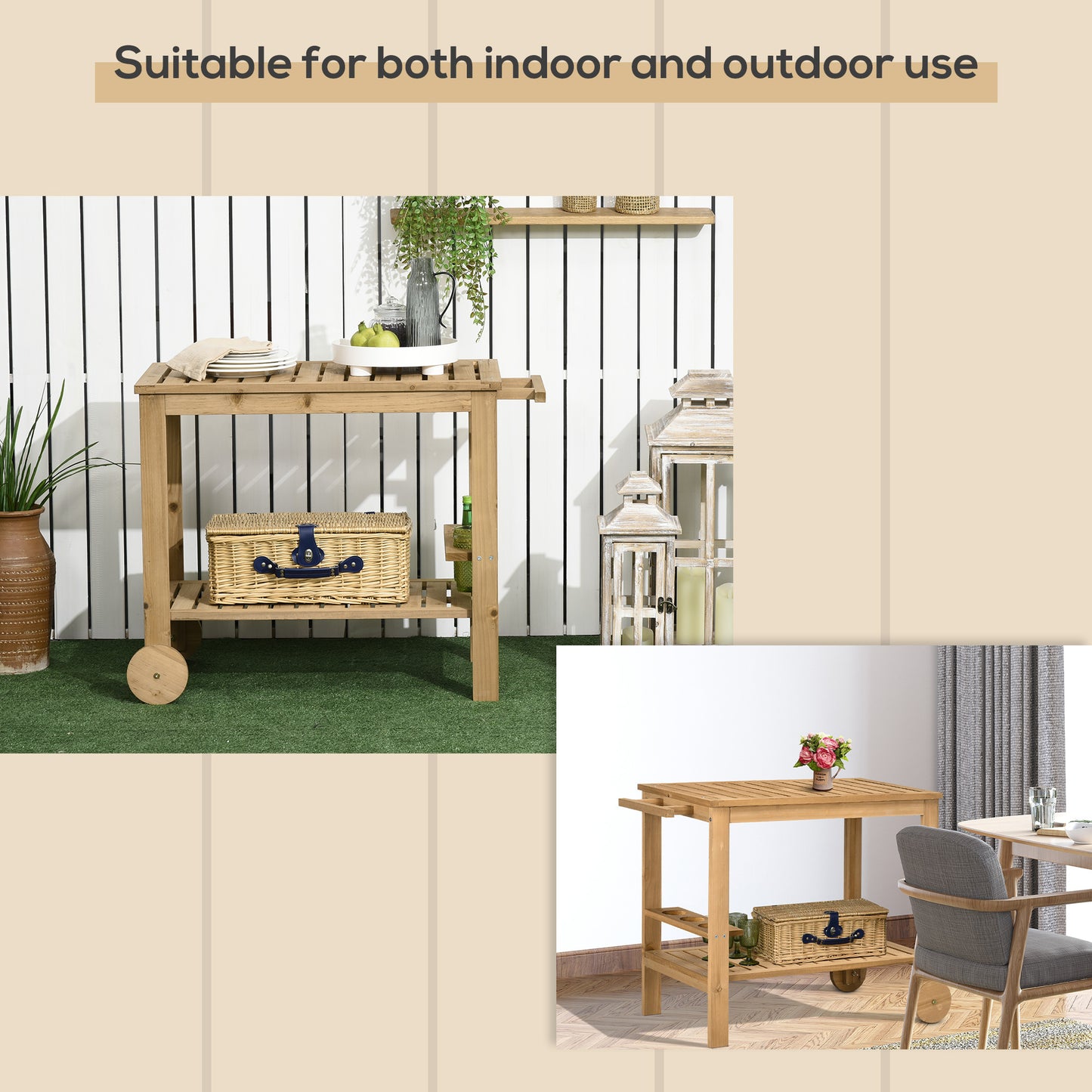 Outdoor Bar Cart, Wood Rolling Home Bar & Serving Cart with 2 Shelves, Wine Bottle Holders for Garden, Dining Room, Natural
