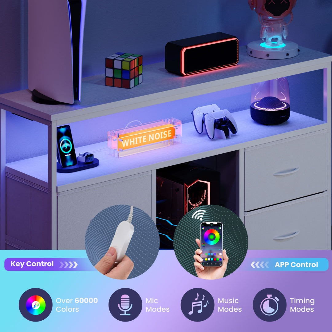 TV Stand, 4 Drawers, With LED Lights And Power Sockets, 50-inch TV Living Room Furniture, With Open Shelves And Adjustable Feet