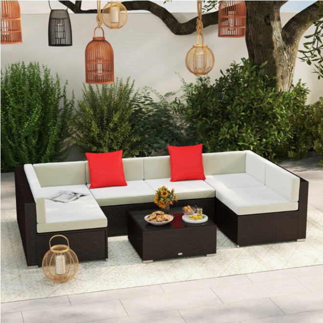 Six-Seat Modular Patio Sectional With Tempered Glass Coffee Table