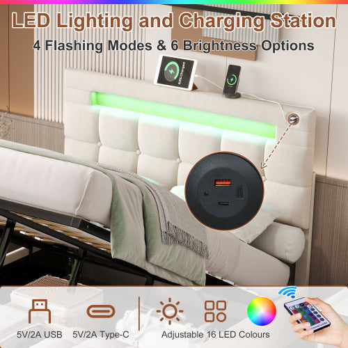 4ft6 Double Upholstered Bed Frame With Hydraulic Storage, Velvet Ottoman Bed With LED Lighting And Charging Station, Double Bed With Adjustable Button Tufted Headboard, Beige