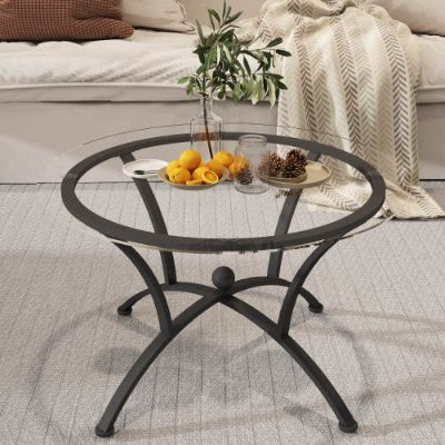 3 Piece Tempered Glass Surface Coffee Table Set, Decor Coffee Table Round End Side Table With Sturdy Construction For Living Room  Rustic Black