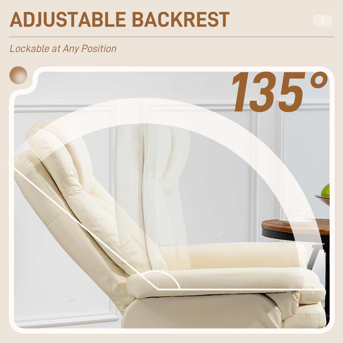 PU Leather Recliner Chair with Ottoman, Swivel Recliner and Ottoman with Round Wrapped Base for Living Room, Cream White