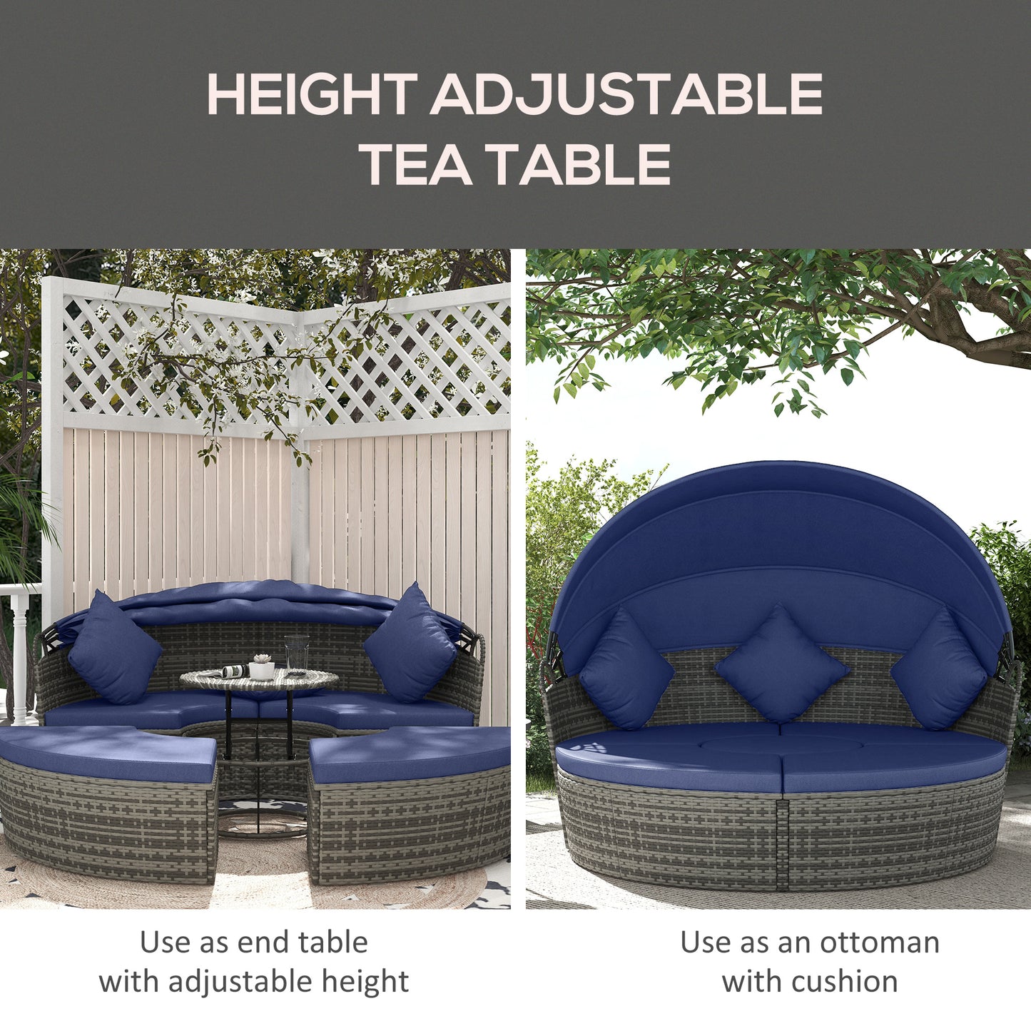 4 Piece Round Rattan Daybed Furniture Set, Canopy, Outdoor Sofa, 2 Chairs, Extending Table Ottoman Chair, Pillows, Blue